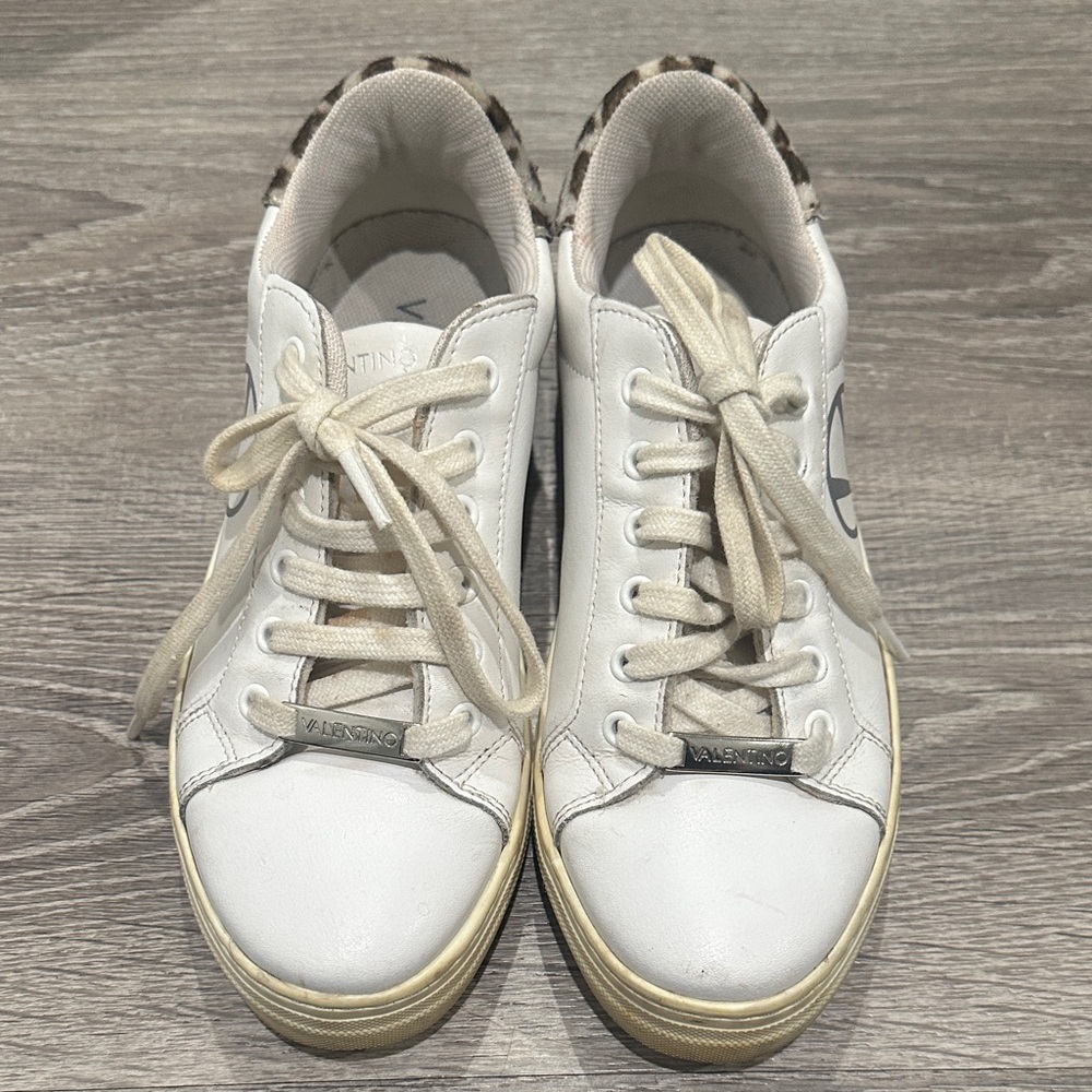 Valentino White Leather Low-Top Sneakers with Leopard Heel Trim